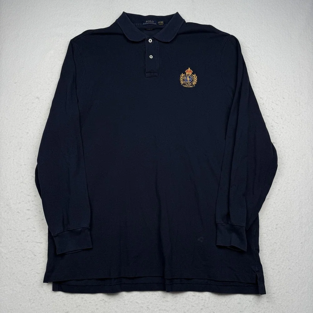 Polo Ralph Lauren Polo Shirt Mens 2XL Blue Crest Logo Long Sleeve Made In USA